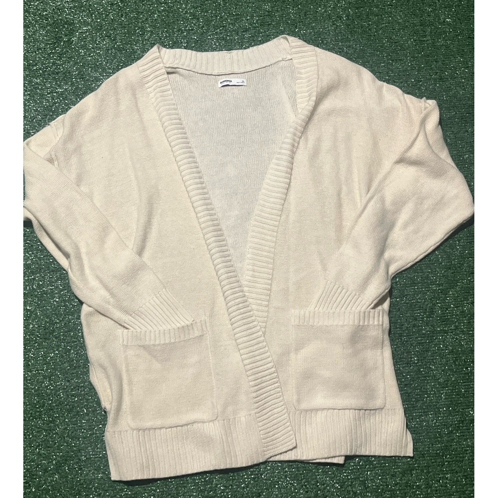 Sonoma Beige Open Front Cardigan Sweater Size M Ribbed Knit Pockets Cotton Blend